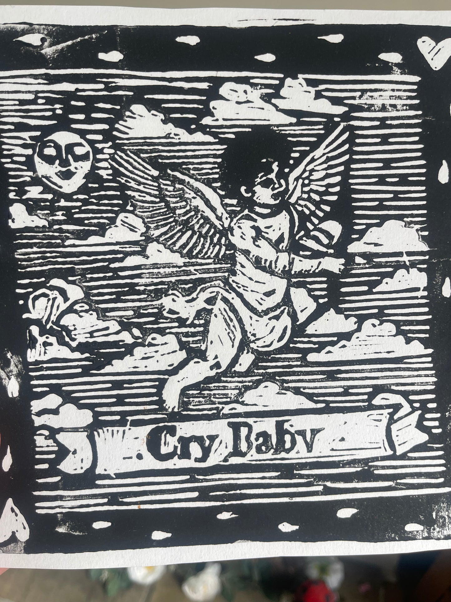 20cm square Lino print of "Crybaby"