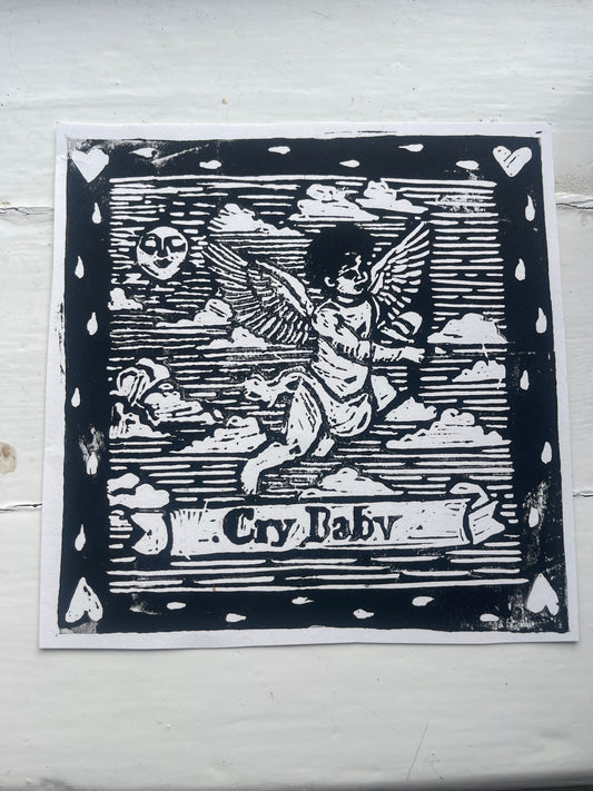 20cm square Lino print of "Crybaby"