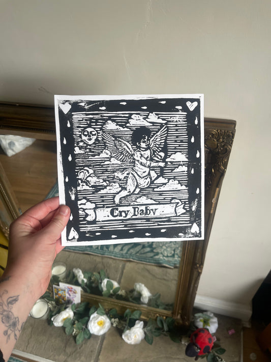 20cm square Lino print of "Crybaby"